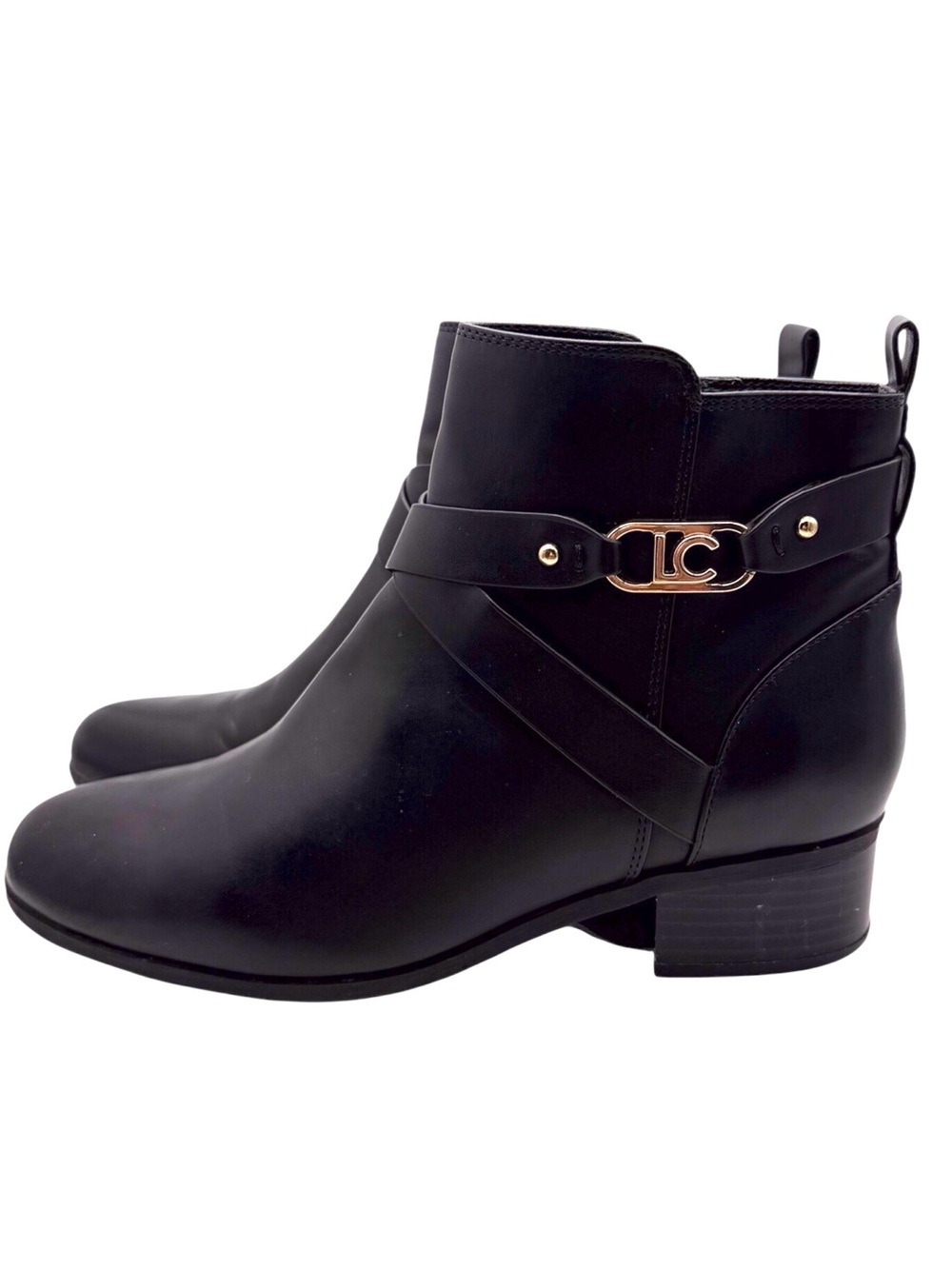 Liz Claiborne black block heeled ankle boot women’s size 8 1/2 gold tone logo